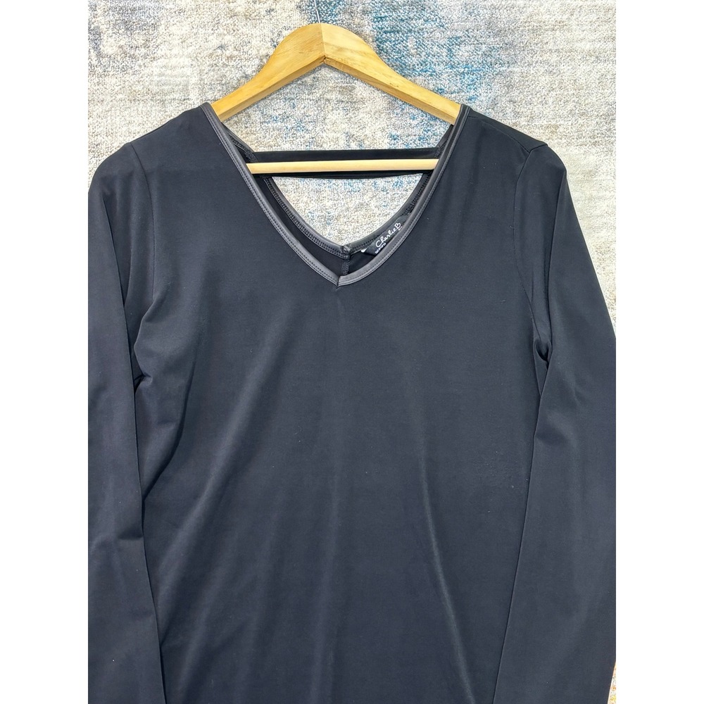 Charlie B Womens Black V-Neck Long Sleeve Top Faux Leather Trim P/S Small
